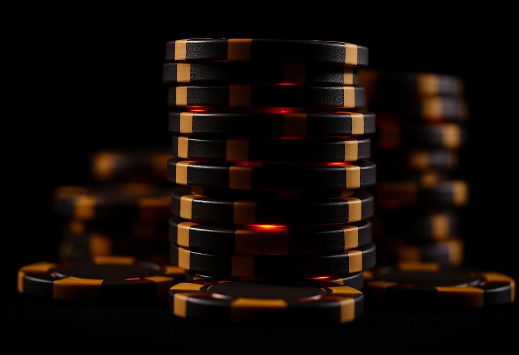 Pila de fichas de casino oscuras con reflejo dorado, símbolo del juego online regulado en Curacao